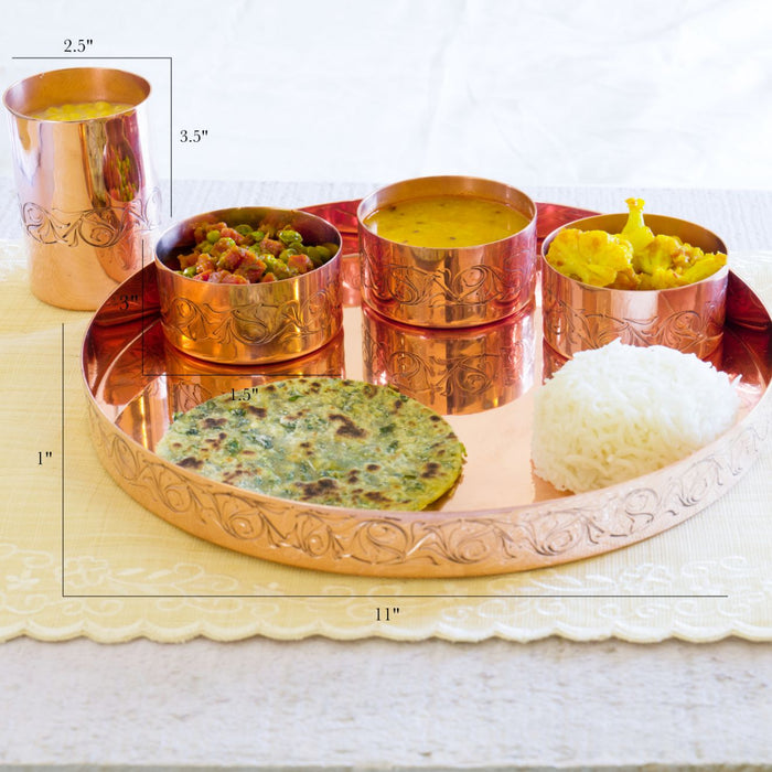 Copper Thaali Set (1 thaali, 3 bowls, 1 tumbler, engraved)